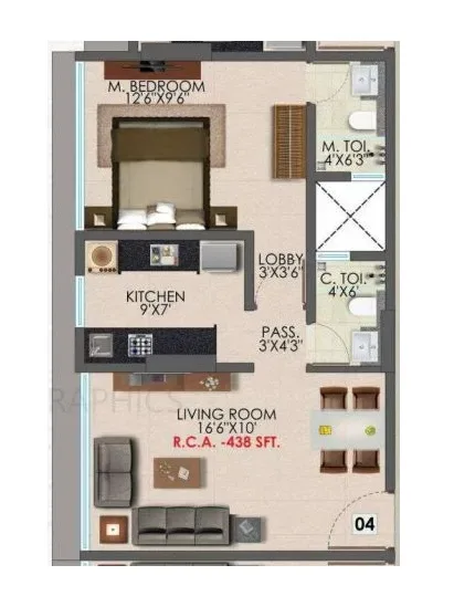 B-Right Damyanti Villa Unit plan - 438 sq.ft.