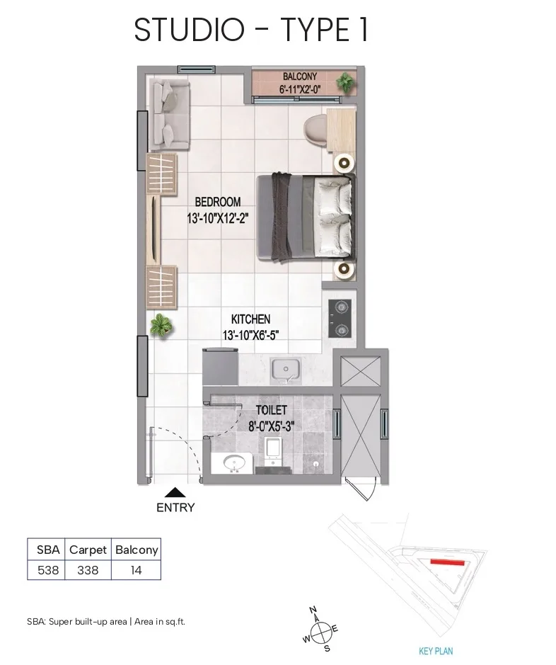 Sattva Vasanta Cove Unit plan - 338 sq.ft.