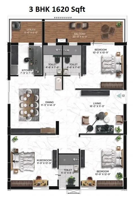 Janapriya Upscale First Light Unit plan - 1134 sq.ft.