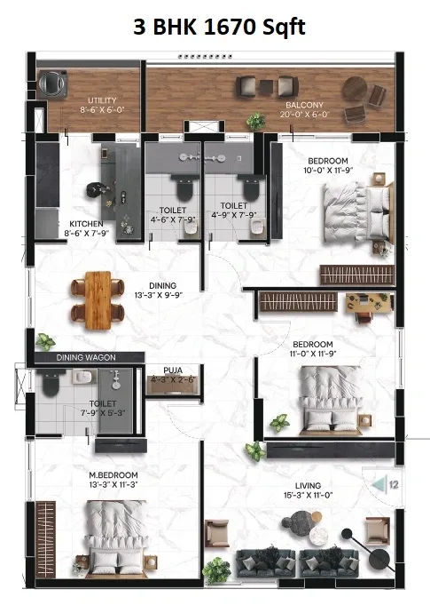 Janapriya Upscale First Light Unit plan - 1169 sq.ft.