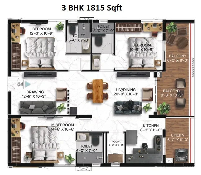 Janapriya Upscale First Light Unit plan - 1270 sq.ft.