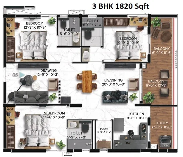 Janapriya Upscale First Light Unit plan - 1274 sq.ft.