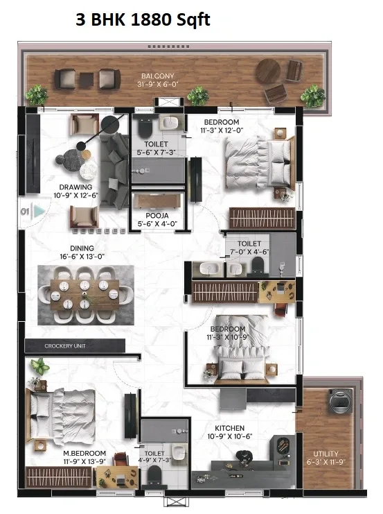 Janapriya Upscale First Light Unit plan - 1317 sq.ft.