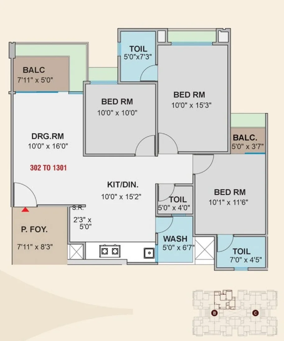 108 Yards Unit plan - 1001 sq.ft.