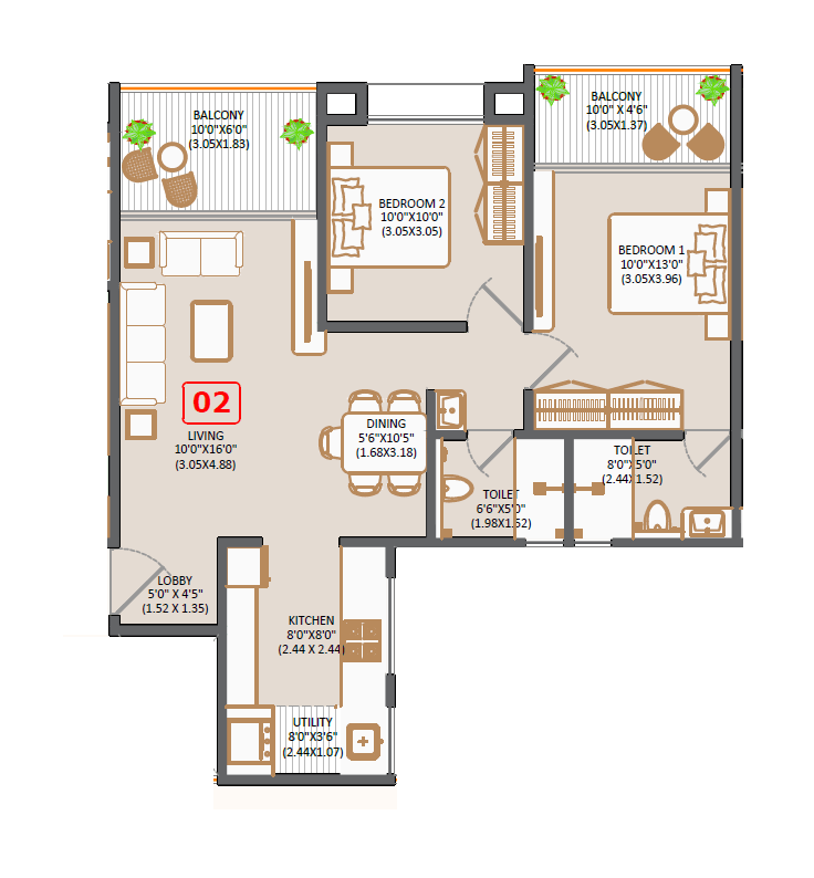 Trio Kaya Unit plan - 800 sq.ft.
