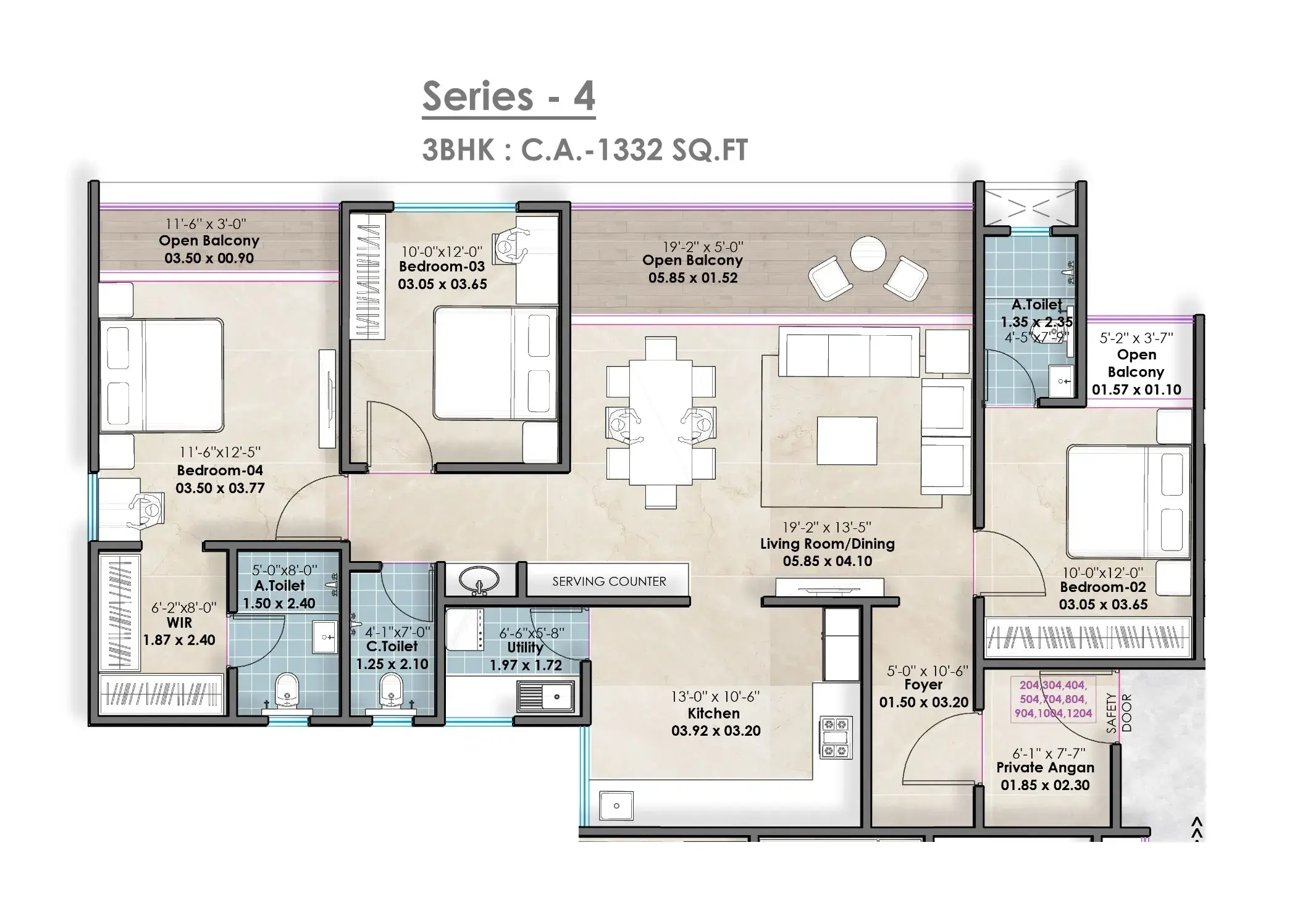 Santiago Skyworld Unit plan - 1332 sq.ft.