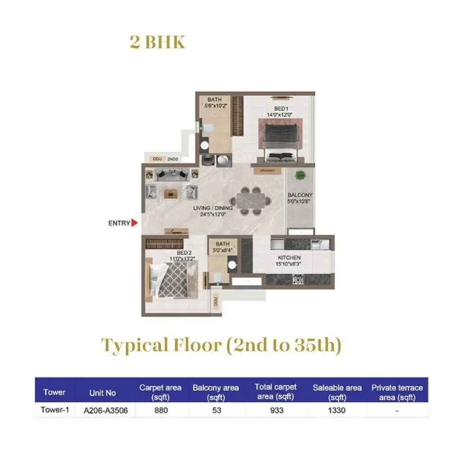 Casagrand Mercury Unit plan - 917 sq.ft.