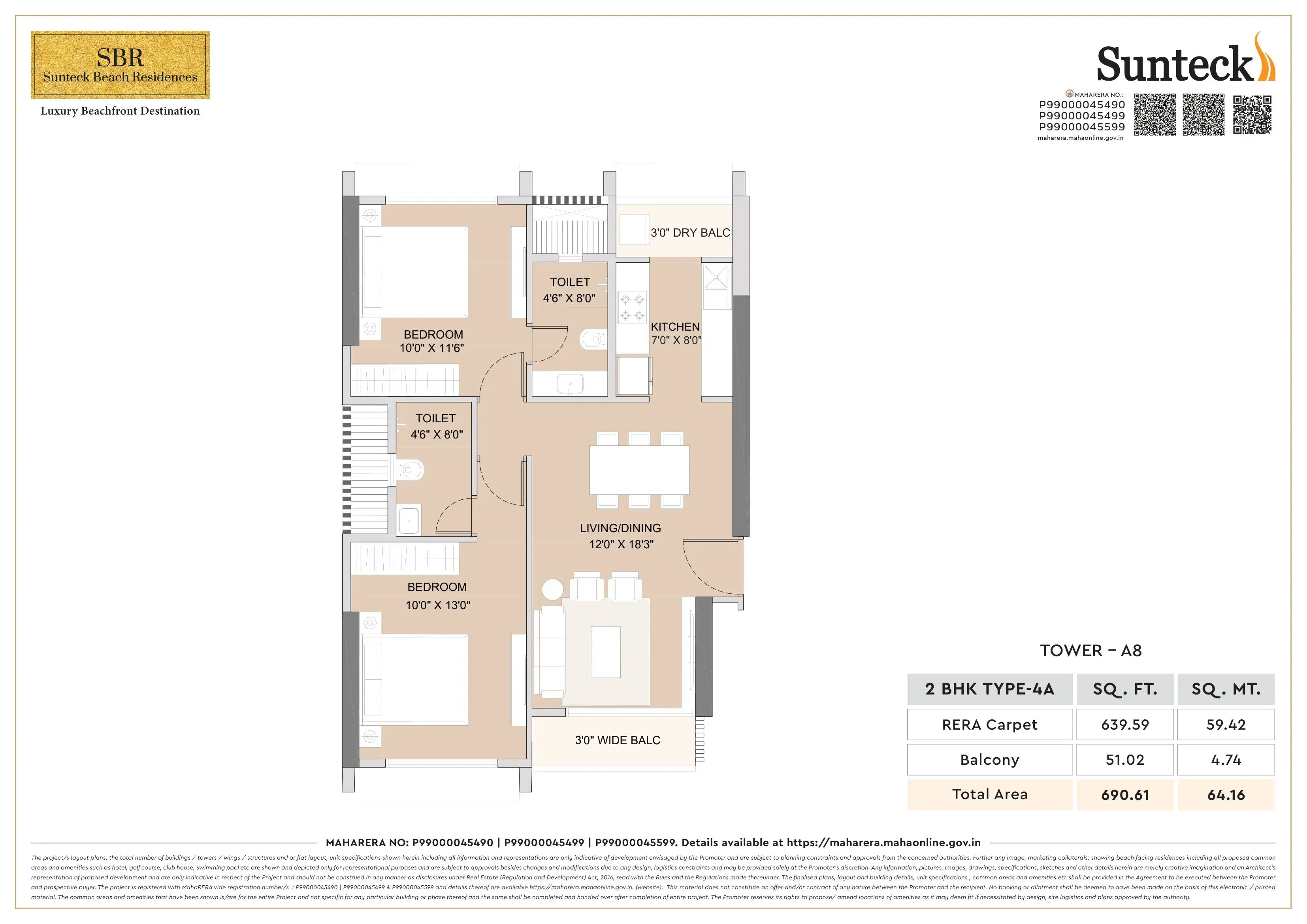 Sunteck Beach Residences Unit plan - 691 sq.ft.