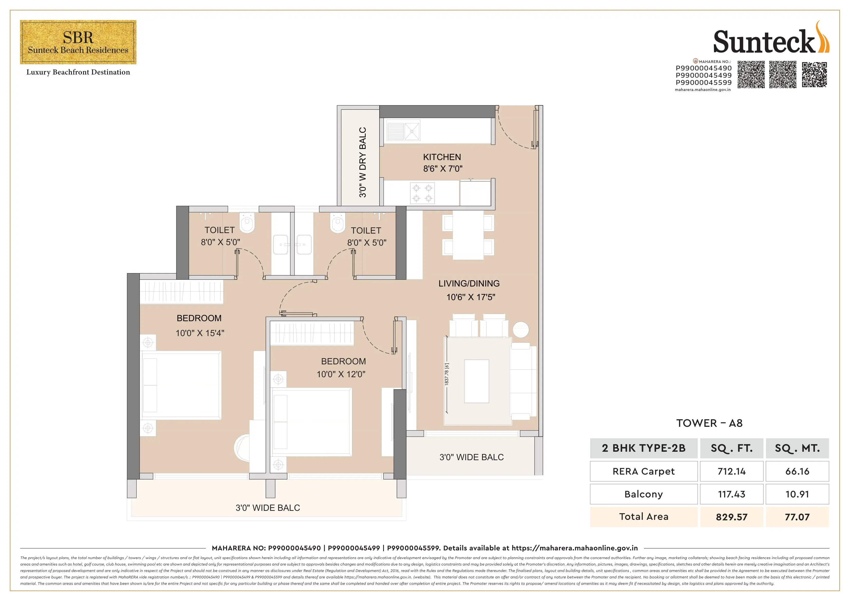 Sunteck Beach Residences Unit plan - 830 sq.ft.
