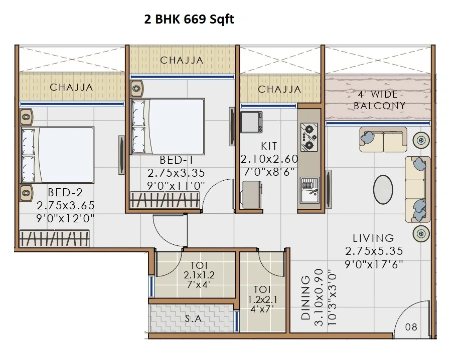 Unit plan - 669 sq.ft.