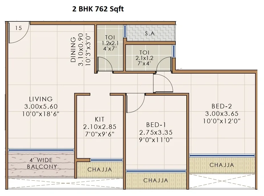 Bhaveshwar Vista Unit plan - 762 sq.ft.