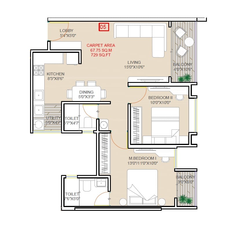 Unit plan - 729 sq.ft.