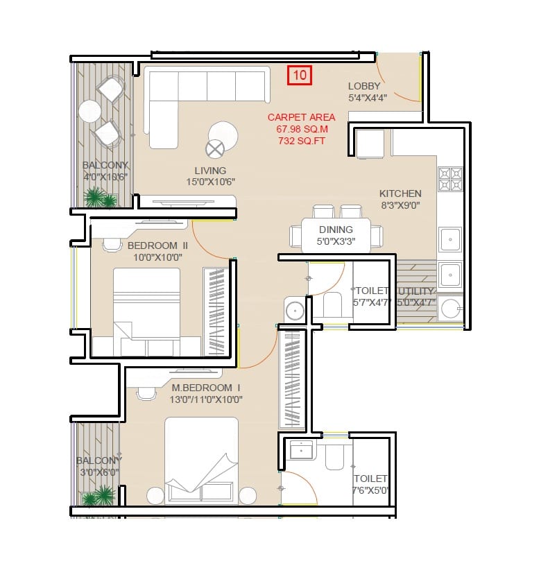 Raskar President Unit plan - 732 sq.ft.