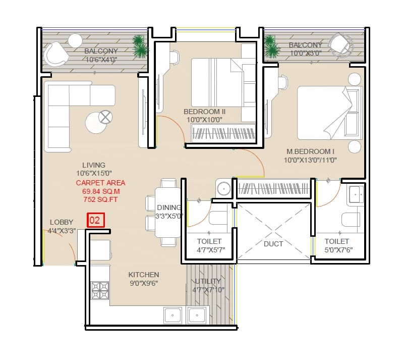 Raskar President Unit plan - 752 sq.ft.