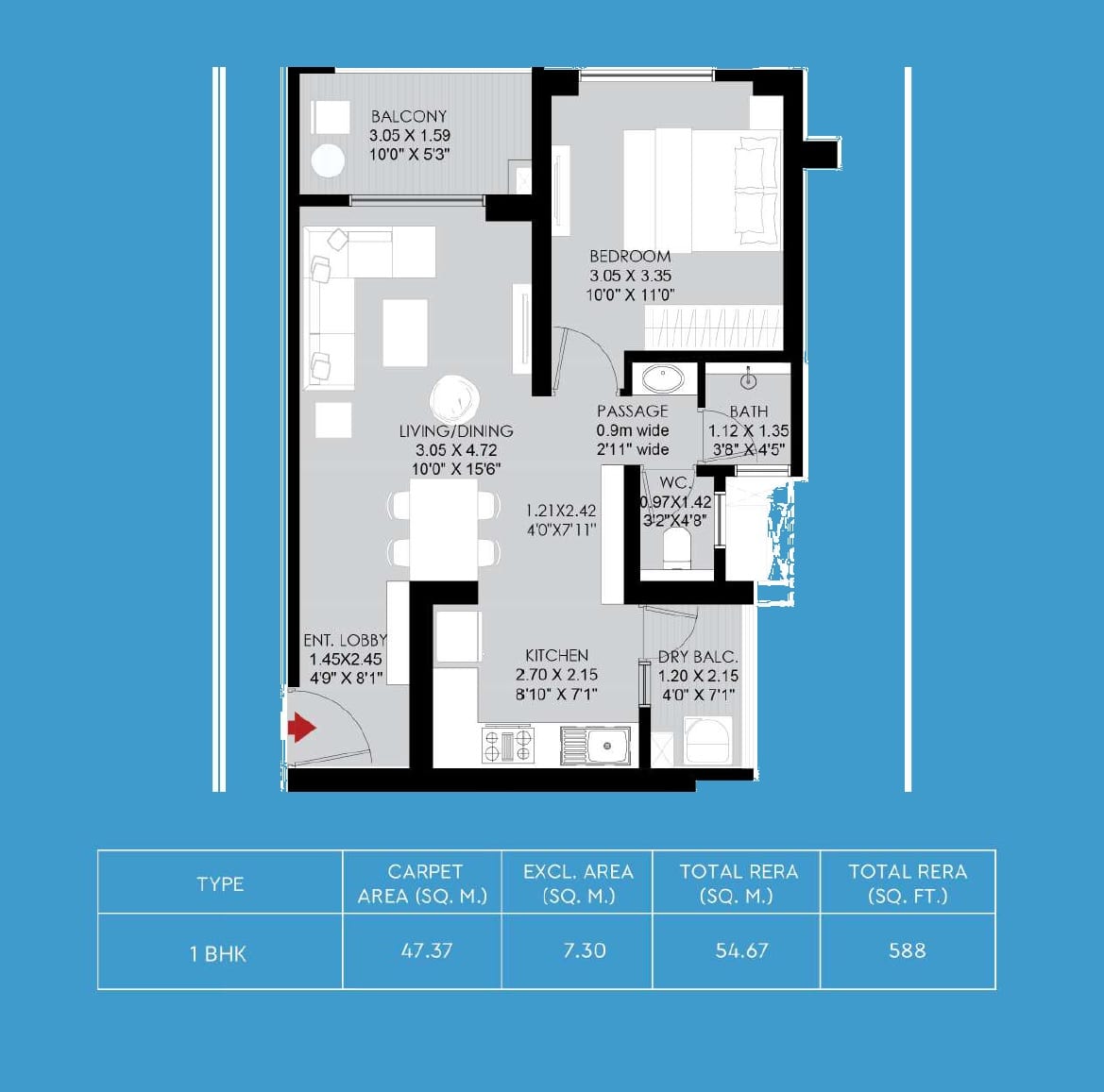 Godrej Aqua Retreat Unit plan - 588 sq.ft.