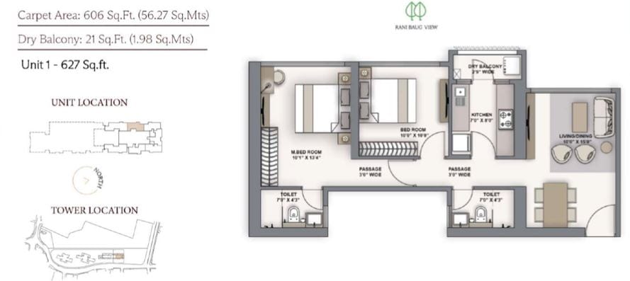 Piramal Aranya Unit plan - 627 sq.ft.