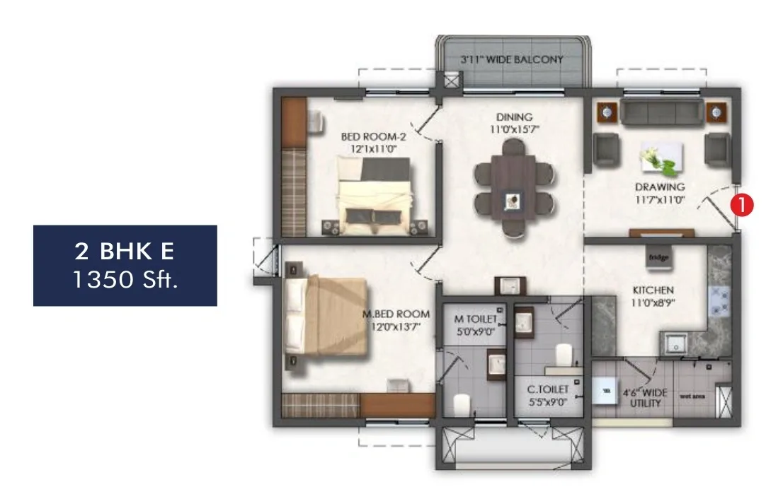 Aspire Spaces Aarna Unit plan - 945 sq.ft.