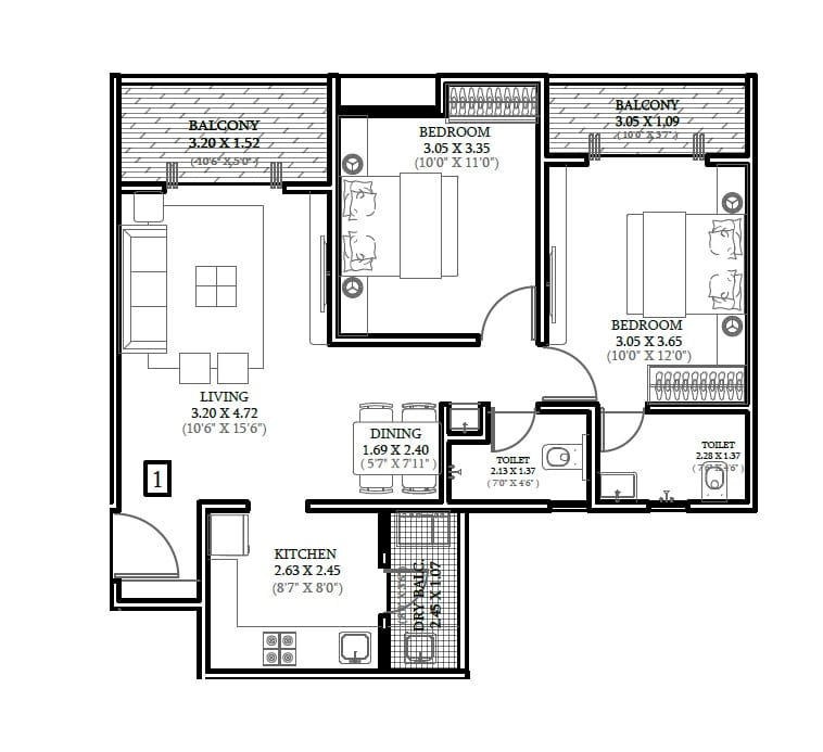 Shriram Nyra Unit plan - 774 sq.ft.