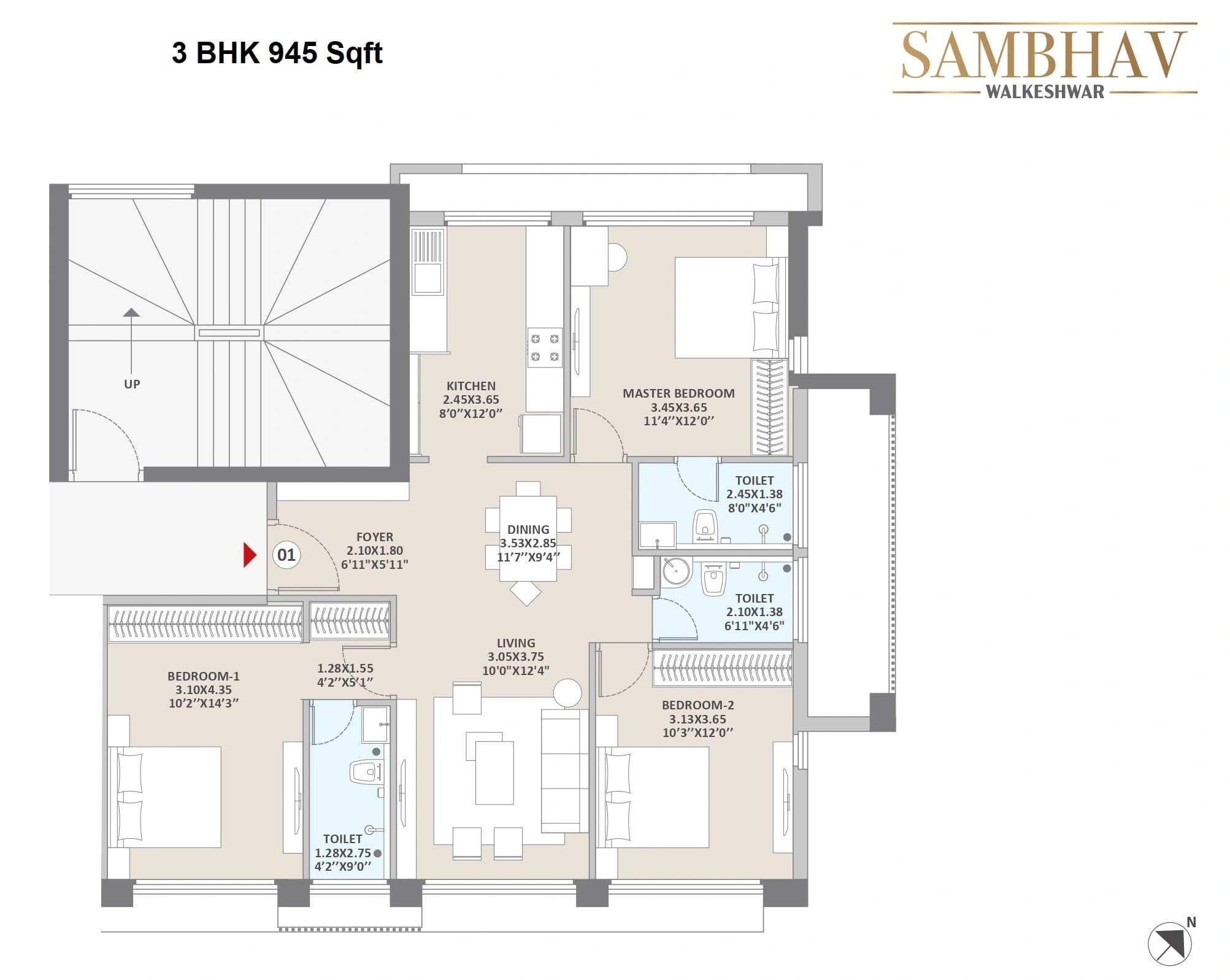 Hubtown Sambhav Unit plan - 945 sq.ft.