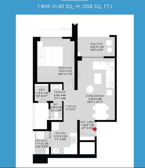 Godrej Aqua Retreat Unit plan - 558 sq.ft.