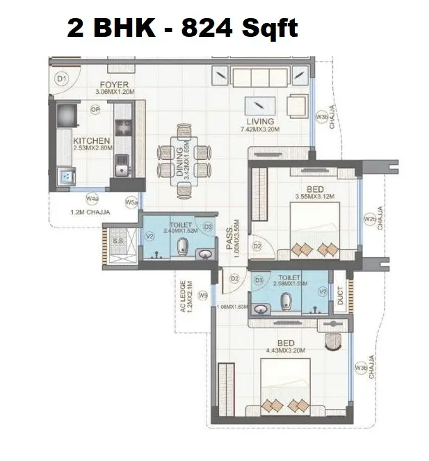 Zaveri Aranya The Park Unit plan - 824 sq.ft.