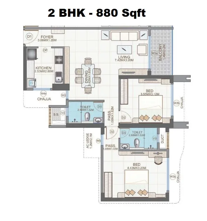 Zaveri Aranya The Park Unit plan - 880 sq.ft.
