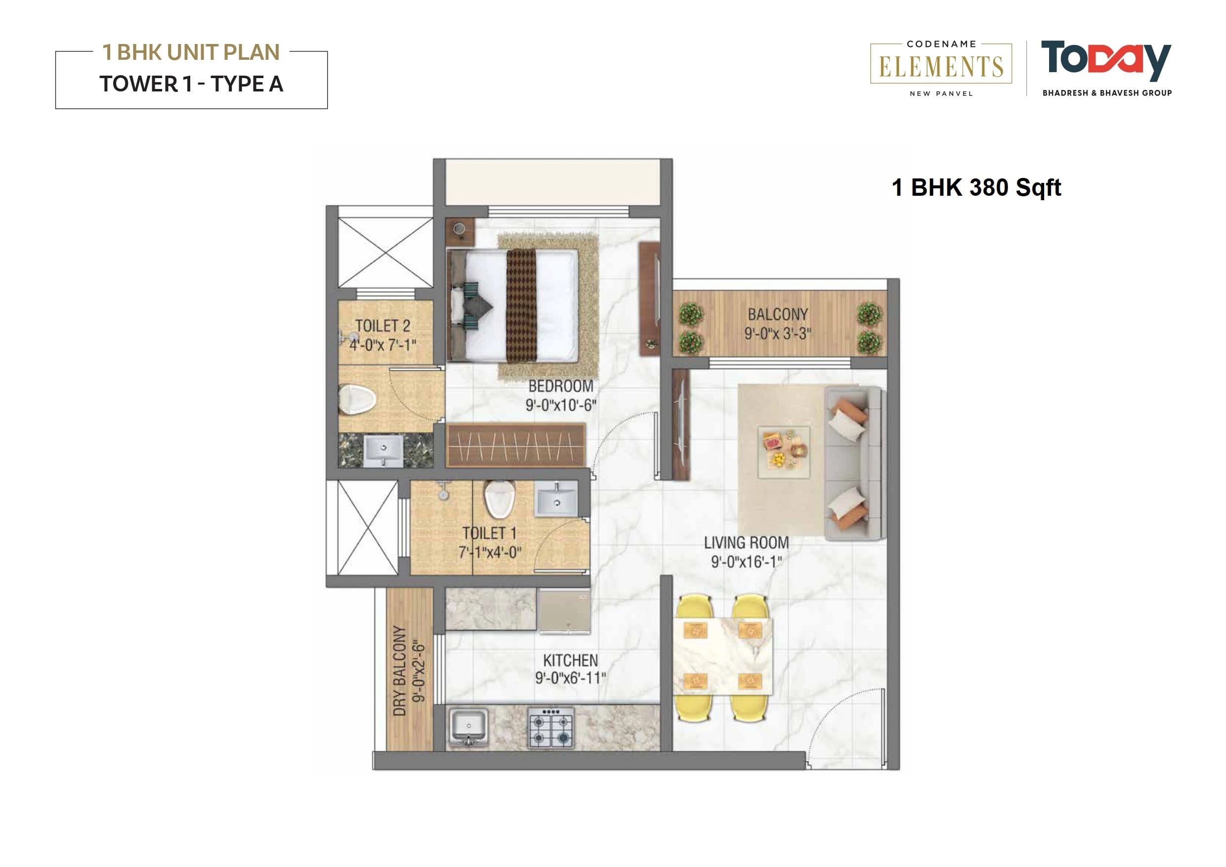 Today Tattvam Unit plan - 380 sq.ft.