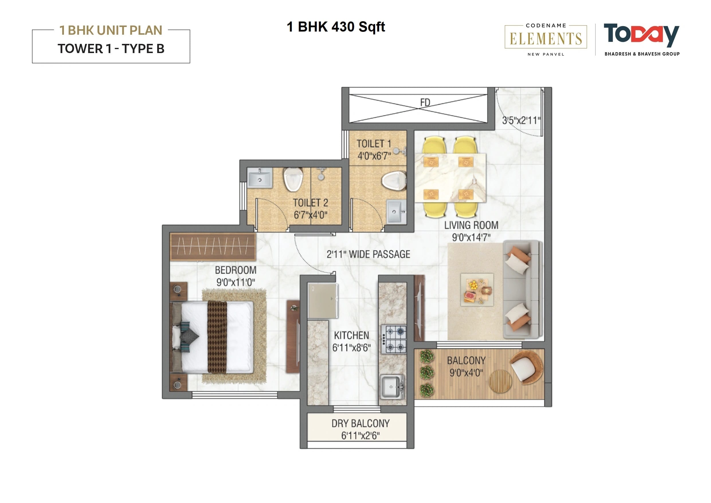 Today Tattvam Unit plan - 430 sq.ft.