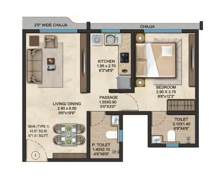 Sankirt Jasmine Unit plan - 472 sq.ft.