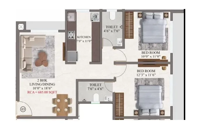 RD Brothers Nivara Unit plan - 685 sq.ft.