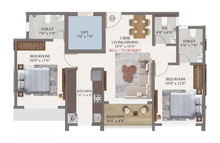 RD Brothers Nivara Unit plan - 734 sq.ft.